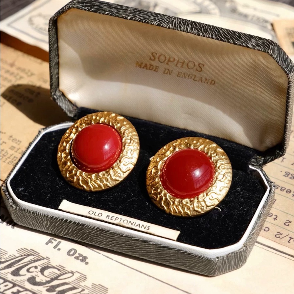 18K Gold Plated Italian Red Vintage Earrings - Picture 4 of 8